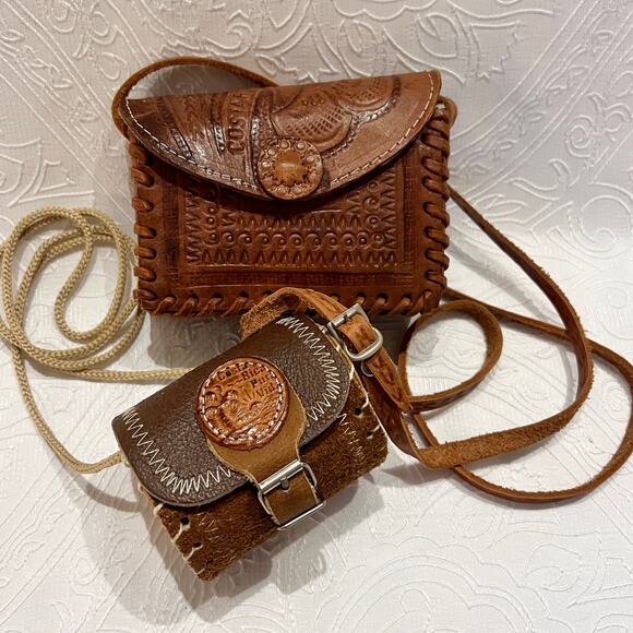 Handmade Brown Tooled Leather Purse Handbag Set Costa Rica Pura Vida - Picture 1 of 8